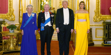 Символічне фото: на державний бенкет королева Камілла одягла синю сукню, а Меланія Трамп – жовту